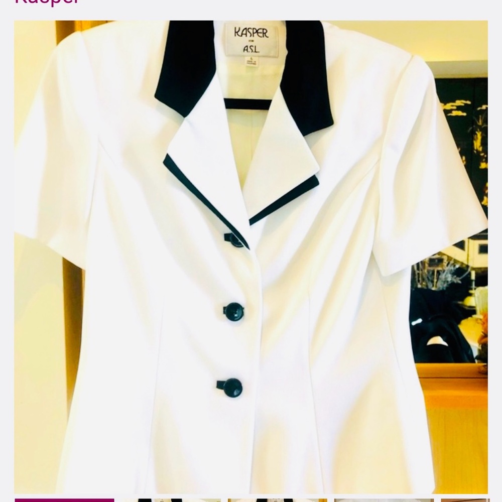 Kasper for ASL White short sleeve button, front blazer.Blazer Black Accents